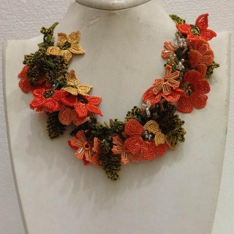 Orange and Yellow Bouquet Necklace - Crochet OYA Lace Necklace