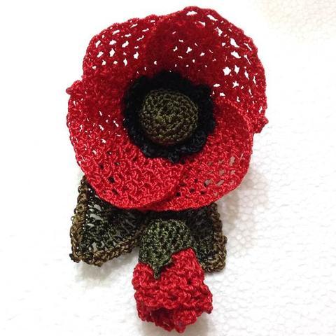 Red Poppy Hand Crocheted Brooch - Flower Pin- Unique Turkish Lace - Brooches Jewelry - Fabric Flower Brooch