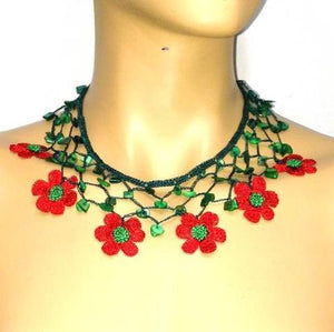 RED and GREEN Choker Necklace with Crocheted flower and semi precious Stones