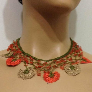 Orange and Taupe Beige Choker Necklace with Crocheted Flower and semi precious orange Stones