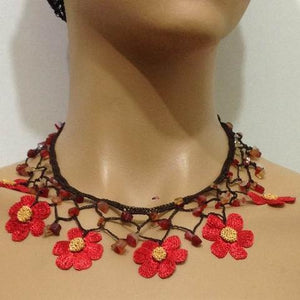 Red and Yellow Daisy Choker Necklace with Crocheted Flower and semi precious Agate Stones
