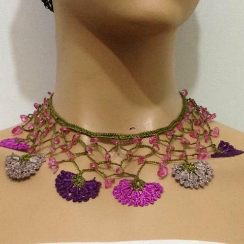 Purple,Pinkish Plum and Beige Choker Necklace with Crocheted Flower and semi precious pink Stones