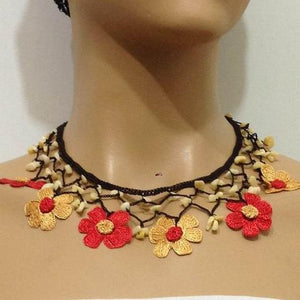 YELLOW and RED Choker Necklace with Crocheted Flower and semi precious Citrin Stones