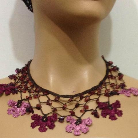 Plum and Pink Choker Necklace with Crocheted Flower and semi precious plum Stones