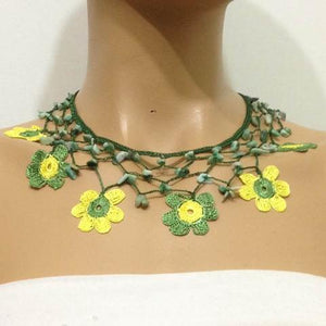 Green and Lemon Yellow Choker Necklace with Crocheted Flower and semi precious green Stones