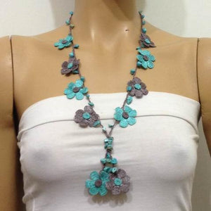 Aqua Green and Grey Tied Necklace with semi-precious Turquoise Stones