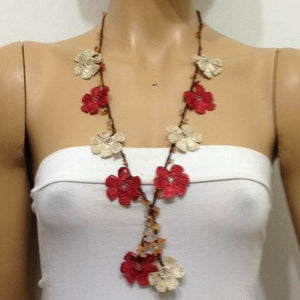 Brick red- Beige Tied Necklace with semi-precious Agate Stones